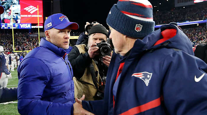 Dec 21, 2019; Foxborough, Massachusetts, USA; New England Patriots head coach Bill Belichick shakes hands with Buffalo Bills head coach Sean McDermott after their game at Gillette Stadium.